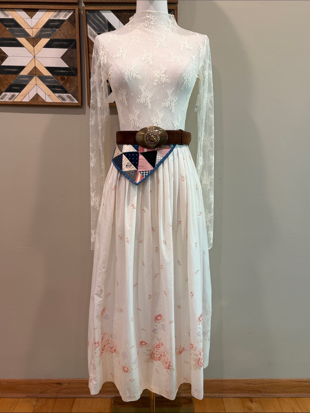 Vintage Ralph Lauren Blue 80s Cotton Cream Floral Prairie Maxi Skirt 8 *As-Is*